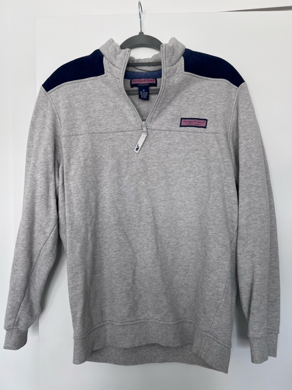 Vineyard Vines Light Gray Quarter-Zip Pullover with Navy Shoulder Panels